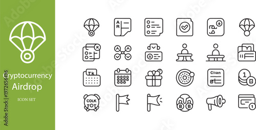 Cryptocurrency Airdrop and Blockchain Reward Program Outline Icon Set