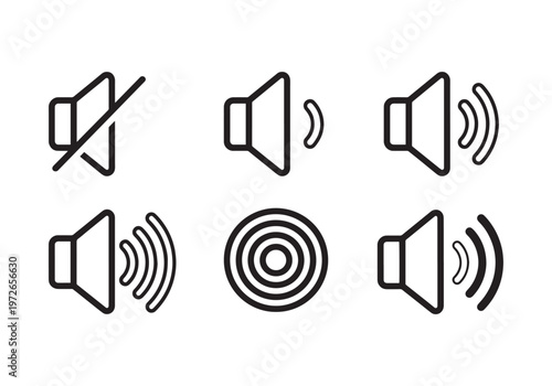 Collection of six distinct minimalist line art icons representing various audio and sound settings, including mute, low volume, medium volume, high volume, and a sound wave symbol, all