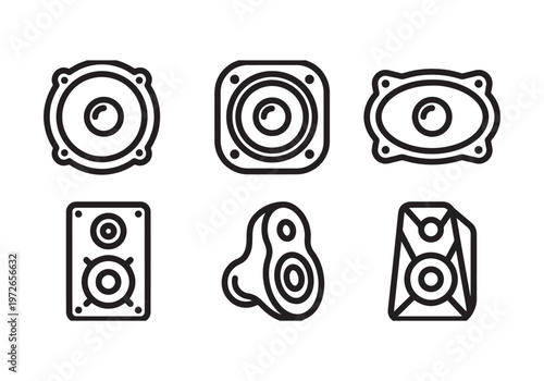 Collection of six distinct speaker icons, showcasing various shapes and designs, including round, square, oval, rectangular, and abstract forms, all rendered in a