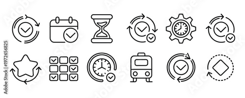 Time management and productivity icons with clocks calendars and checkmarks
