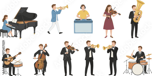 Musicians performing with piano, trumpet, violin, cello, guitar, drums, DJ turntable, diverse instruments, classical and modern styles, cultural music illustration collection