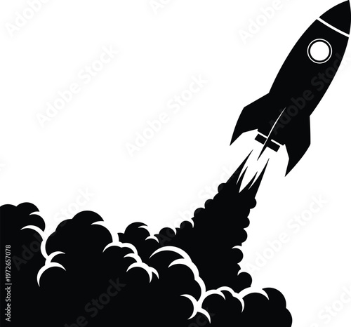 Rocket launching into space leaving smoke trail for technology and exploration.