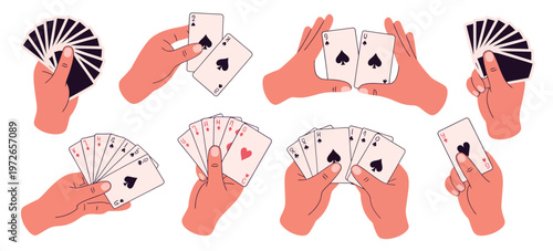 People hands playing cards vector set, cartoon flat illustrations of human arms holding card decks, shuffling, and distributing cards, perfect for poker, casino, and gambling-themed design projects.