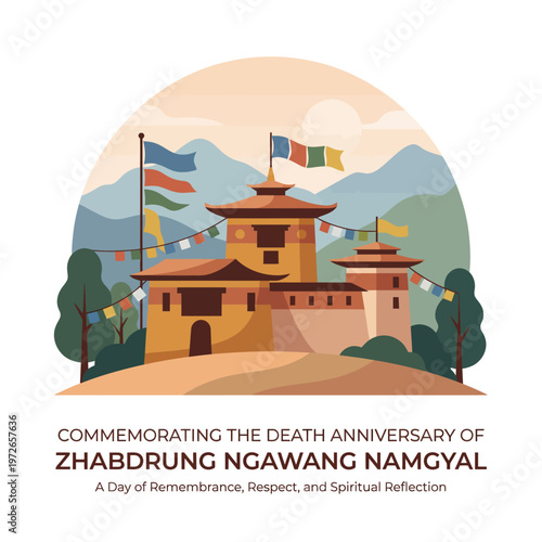 Illustration commemorating the Death Anniversary of Zhabdrung Ngawang Namgyal with a Buddhist monastery and prayer flags in a mountainous Bhutanese landscape, symbolizing remembrance and