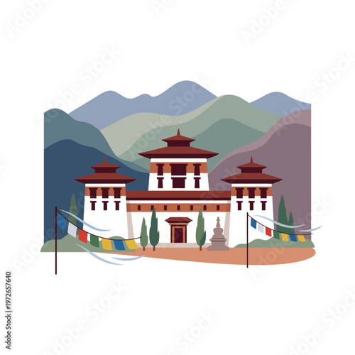 Illustration of a Bhutanese dzong with prayer flags in the Himalayas, symbolizing spiritual heritage and culture