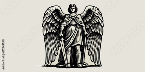Vintage illustration of an angelic figure holding a sword standing tall