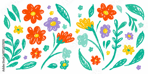 Colorful hand drawn floral illustration with various blossoming wildflowers