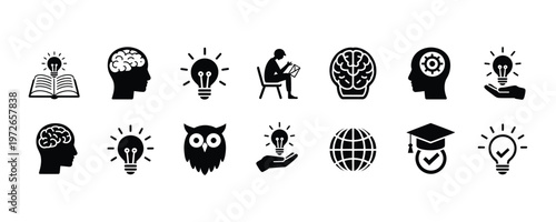 Black and white education icons for learning and ideas on a white background