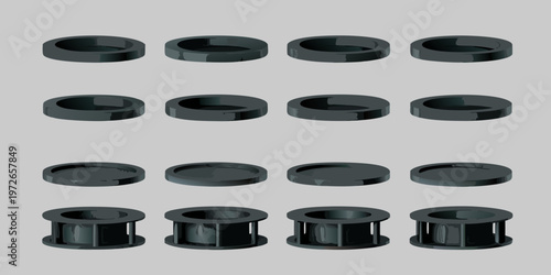 Arrangement of dark gray cylindrical objects on a light gray background