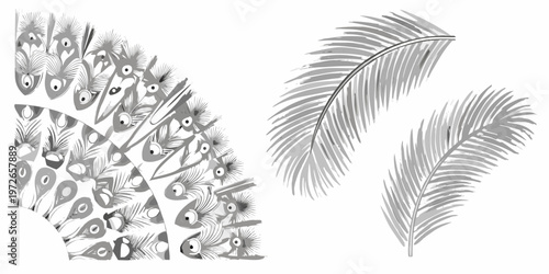 Stylized peacock feathers and palm fronds in grayscale illustration