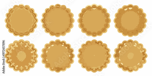 Eight golden pie crusts arranged in a grid pattern on a white background