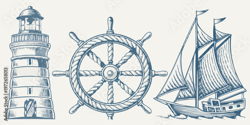 Nautical elements a lighthouse ship s wheel and vintage sailing vessel