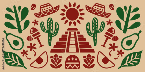 A vibrant stylized illustration of mexican culture and ancient history