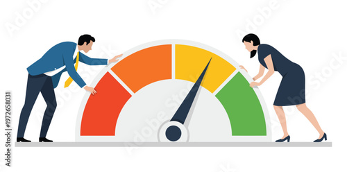 Performance rating and evaluation vector, illustration of business people pushing a measuring gauge scale, representing risk management, employee surveys, credit scores, productivity