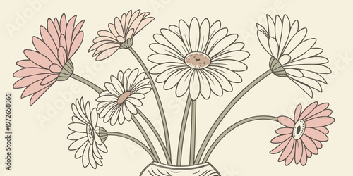 A delicate bouquet of stylized daisies and flowers in soft hues