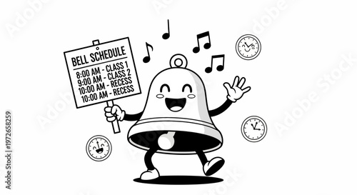 Cartoon Bell Character Holding School Schedule Sign