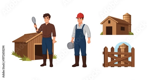 Cartoon Farmer Characters with Farm Buildings and Equipment