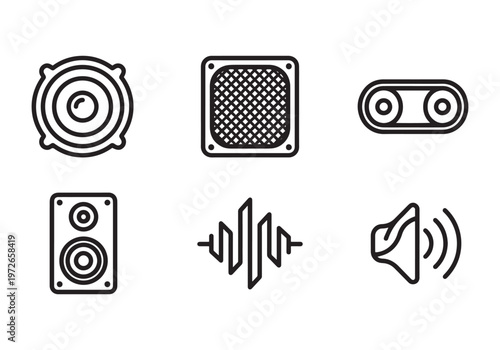 Collection of six minimalist line art icons representing various audio and sound equipment, including speakers, a sound wave equalizer, and a tape recorder, perfect for digital interfaces, music