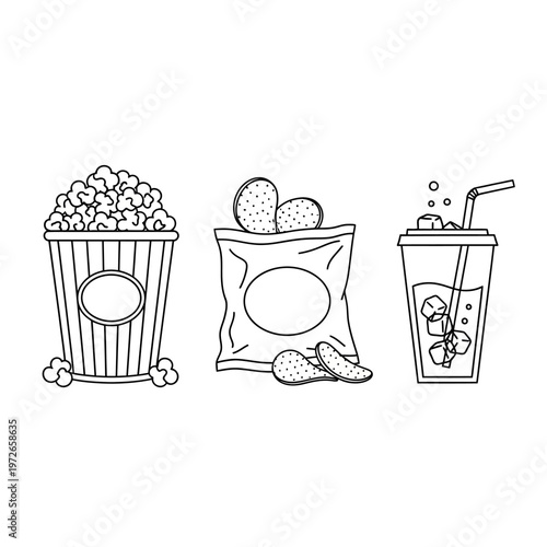 Cinema Snacks Set Line Art: Popcorn, Chips, and Soda Cup