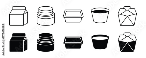 Food packaging icons set including milk carton, Jar, Cup, And takeout