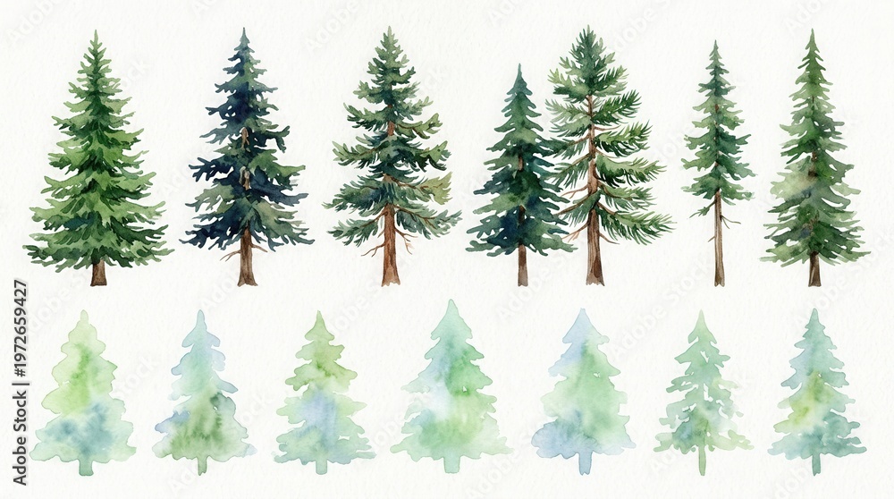 Fototapeta premium Watercolor Illustration of Conifer Trees in Different Seasons and Styles