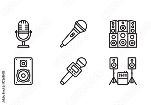 Obraz na plátně Collection of stylized line art icons representing audio equipment, including vi