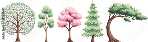 Decorative tree collection illustration with various shapes including flowering pine and stylized trees for landscape and nature design