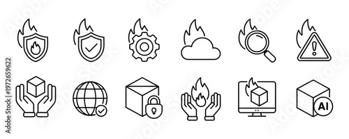 Set of line icons depicting cybersecurity and data protection concepts with fire and safety symbols