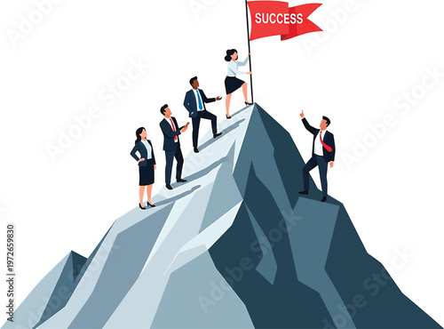 Team collaborating to achieve success at the peak of their journey Vector