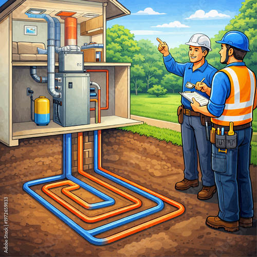 Engineers inspecting a geothermal heat pump system beside a house with underground loop diagram showing efficient home heating cooling installation and sustainable energy infrastructure