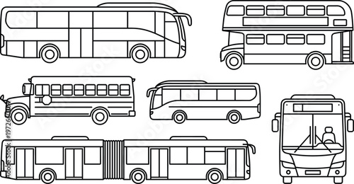 Bus icons collection featuring city coach double decker school articulated transit vehicles vector outline set for public transportation travel mobility design
