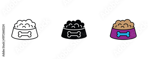 Pet dog food in a purple bowl with a bone symbol icon set in line art, solid black, and vibrant flat colors for animal care and pet shop concepts. Vector Illustration.