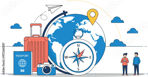 Global travel concept with world map compass location pin suitcase passport camera and tourists illustration for tourism journey planning design