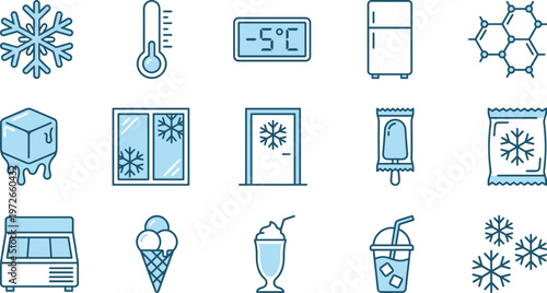 Cold temperature and refrigeration line icons set with freezer, ice, cooling system, frozen food, winter symbols for climate control illustration collection vector