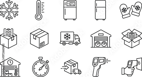 Cold chain logistics and refrigeration icons set with freezer truck temperature monitoring insulated packaging storage delivery vector outline collection for perishable transport