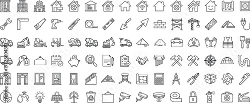 Construction and home improvement line icons set with tools buildings equipment renovation architecture engineering symbols vector outline collection for industrial and housing projects