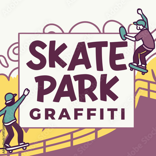 Skate park with graffiti and people skateboarding with two individuals are shown skateboarding, showcasing an active and dynamic scene, extreme sports, urban sports, street culture, youth culture