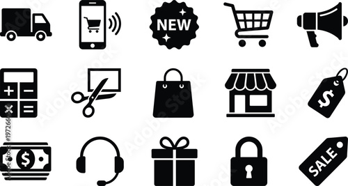 Ecommerce shopping and retail icons set with cart delivery payment discount sale store mobile app customer service vector silhouette collection modern