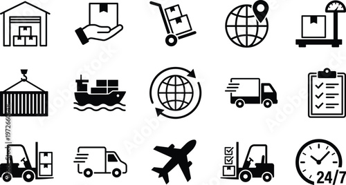 Global logistics and shipping icons set with warehouse delivery truck cargo ship airplane tracking supply chain transport vector silhouette collection modern