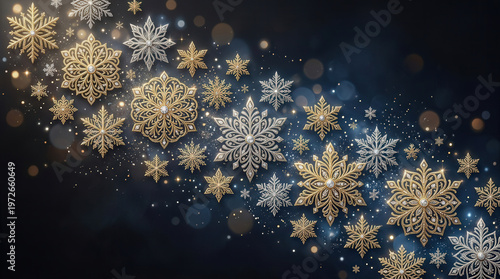 Festive Snowflakes at Night Photo with Golden Glitter and Bokeh Effect