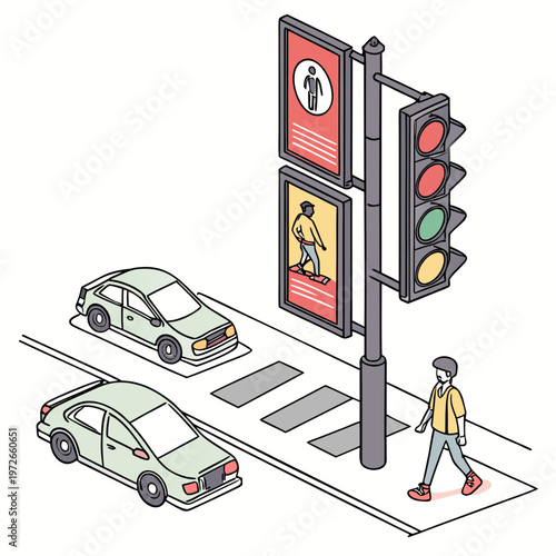 Pedestrian crossing with traffic light and cars with line art with public space with daily life with traffic control with road user with buildings and architecture with urban planning