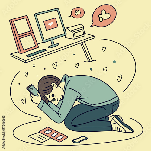 Person overwhelmed by social media notifications and online communication with information overload with thought bubble with mental health with addictive behavior with social network with online life
