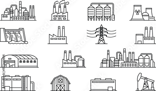 Industrial and energy line icons set with factory, power plant, refinery, electricity, oil, manufacturing symbols for industry infrastructure illustration collection vector