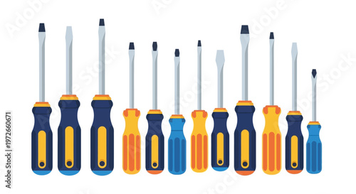 A collection of colorful screwdrivers arranged neatly on a white background