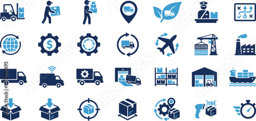 Logistics and delivery icons set featuring warehouse shipping tracking supply chain transport vector symbols flat design collection isolated on white background
