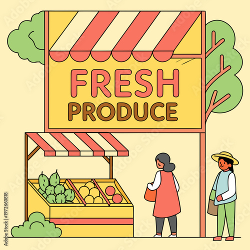 Fresh produce stand with shoppers with food stall with fruit stand with small business with shopping bag with shopping spree with eating out with farmers market with retail sale with street food
