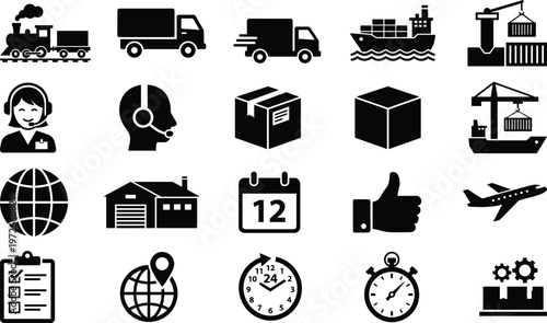 Logistics and transportation icons set with truck ship airplane warehouse support tracking delivery service vector silhouette collection for global supply chain operations