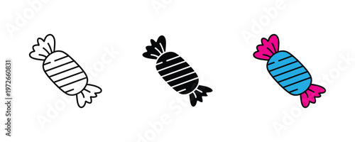 Hard candy in striped wrapper icon set in line art, solid black, and vibrant blue-pink color for sweet snacks, confectionery shop, and party celebration concepts. Vector Illustration.