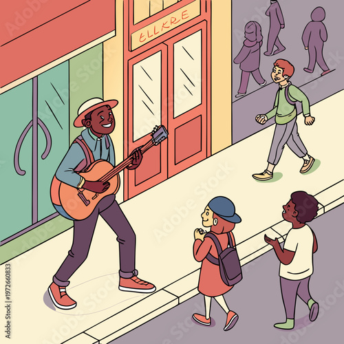 Street performer playing guitar for children with street art with performance art with acoustic music with street entertainment with leisure activity