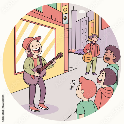 Street musician playing guitar for audience with street art with street performance with urban life with street entertainment with music lover with audience participation